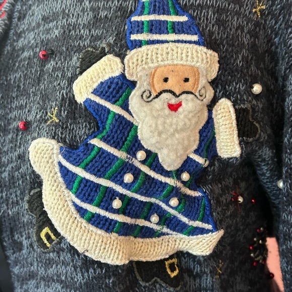 VTG 90s Y2K embroidered Santa motifs ugly Xmas sweater cardigan whimsical L - Picture 7 of 12